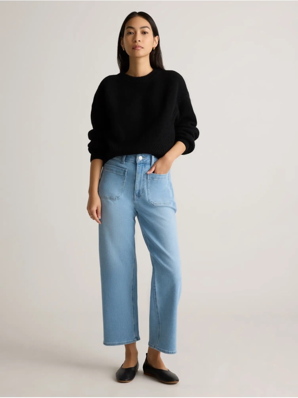 Quince Bella Stretch Patch Pocket Wide Leg Jeans Frosted Blue 31 High Rise Crop